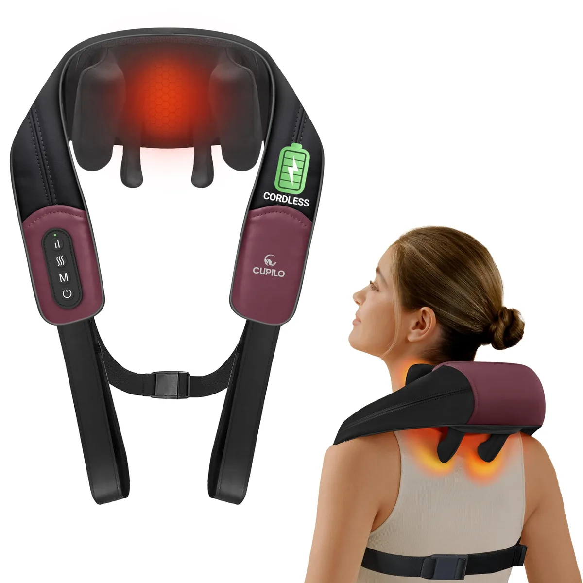 Purple U-shaped cordless neck massager with fabric finish and adjustable strap