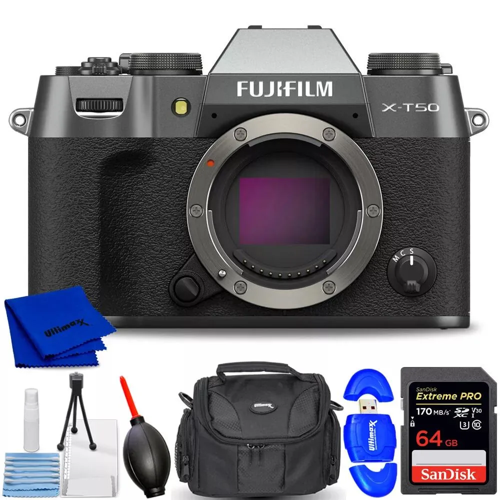 FUJIFILM FUJIFILM X-T50 Compact Mirrorless Camera Charcoal Silver 7PC Accessory Kit — product photo