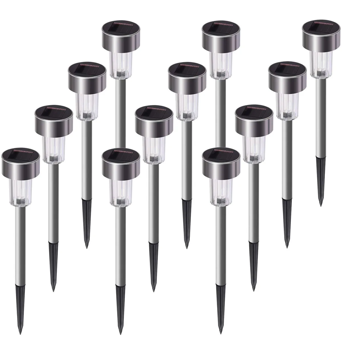 Twelve stainless-steel solar path lights, polished chrome finish, 5.3 cm wide × 35.8 cm tall