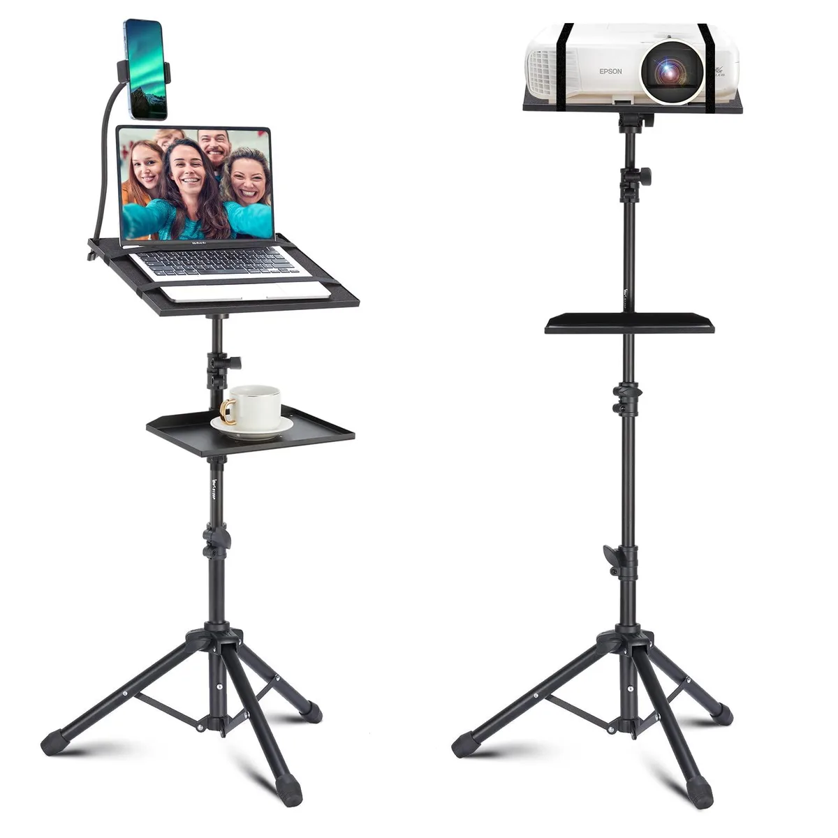  Avid LSW-S125P 50" Adjustable Projector Tripod Stand with 2 Shelves, Gooseneck Phone Holder, Black — product photo