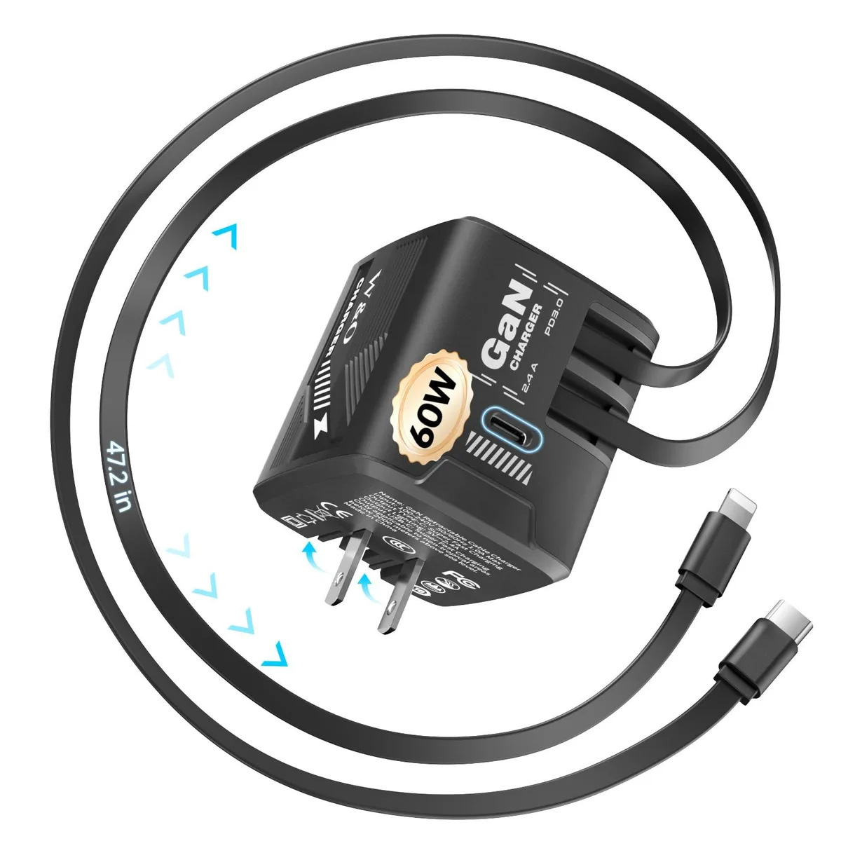 No Sew No Sew 60W GaN Retractable Wall Charger 47.2in USB-C Lightning Black — product photo
