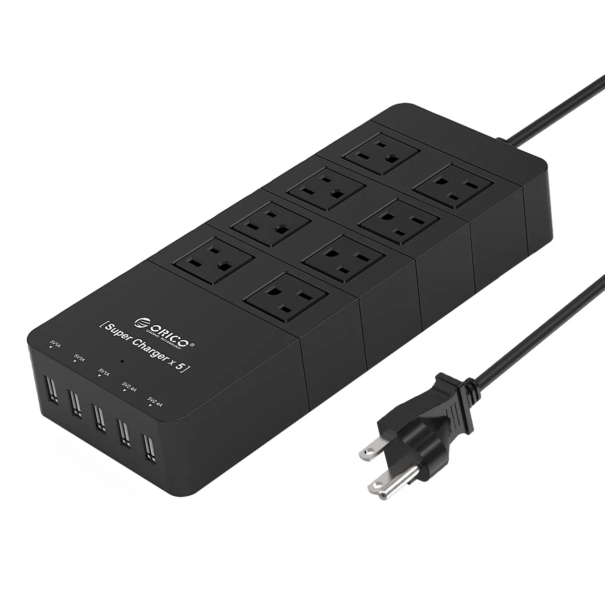 Orico Orico HPC-8A5U 8-outlet power strip with 5 USB ports, 40 W USB, 1250 W AC, 1700 J surge, 5 ft cord, black — product photo