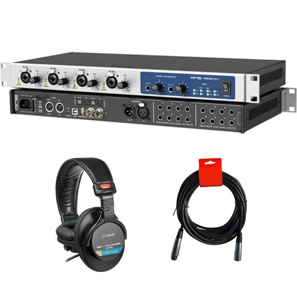 RME RME Fireface 802 FS USB 2.0 60-channel audio interface with Sony MDR-7506 headphones and XLR cable — product photo