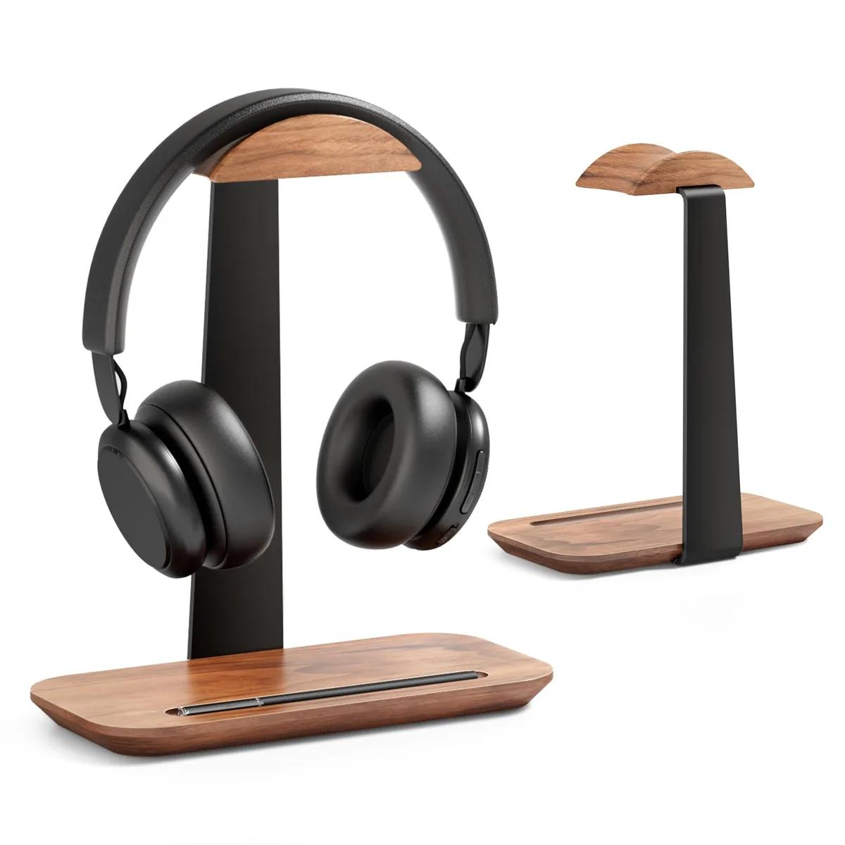 Walnut and aluminium headphone stand with curved rest and base tray