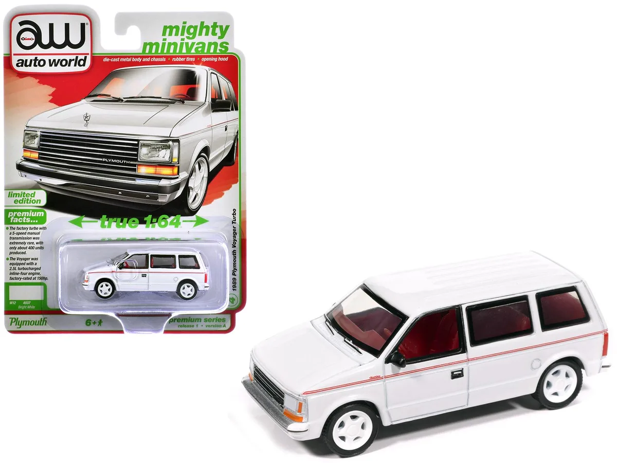auto world Auto World 1989 Plymouth Voyager Turbo Van Bright White Red Stripes Mighty Minivans 1/64 Diecast — product photo
