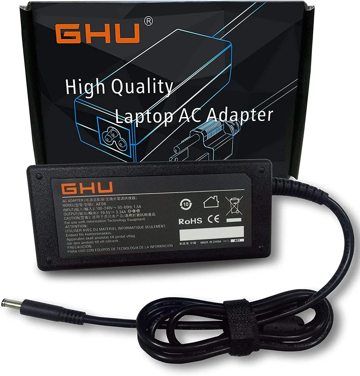 Compact black AC adapter with USB port and barrel connector