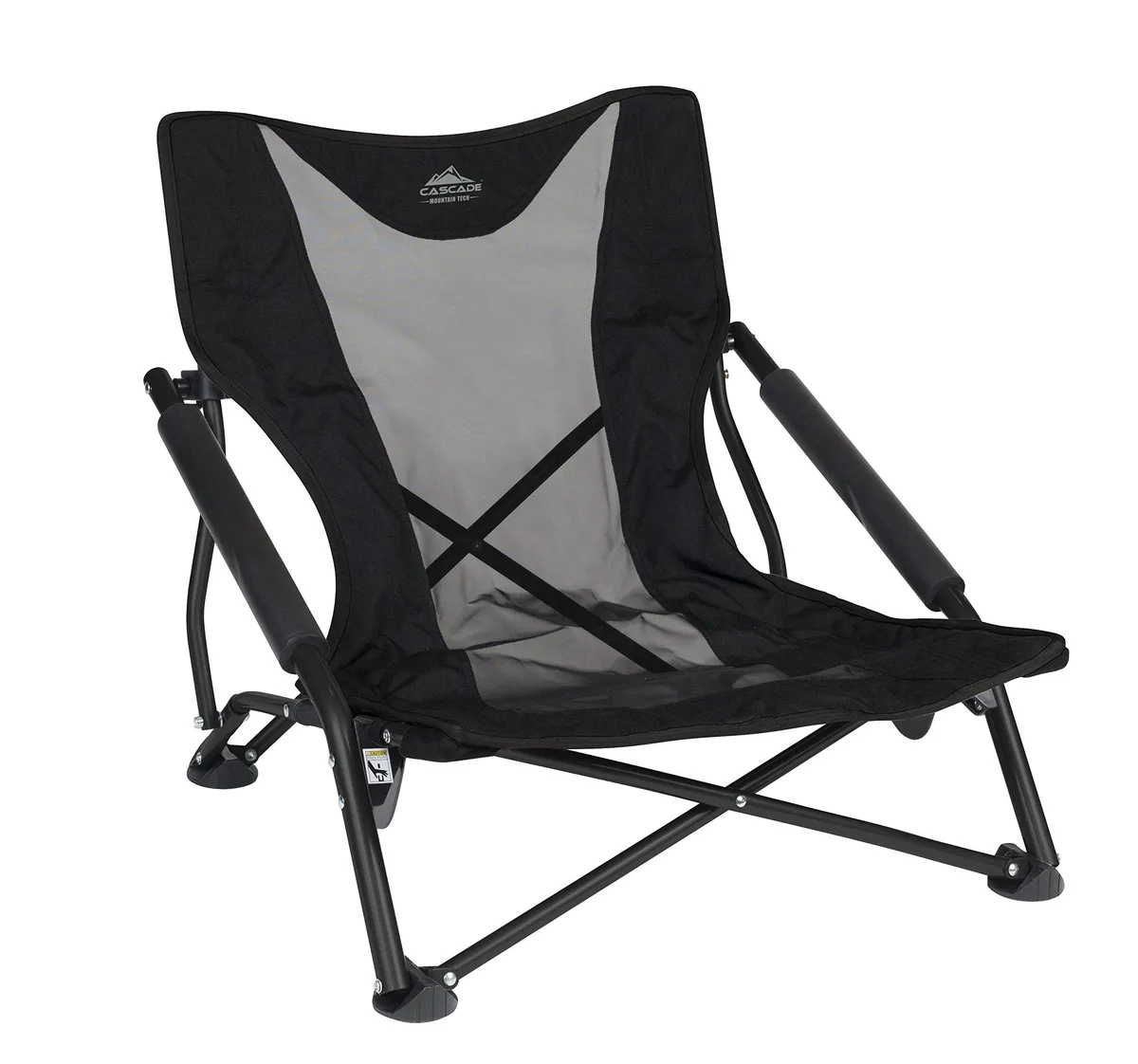 Black low-profile folding camp chair with mesh seat, padded armrests and steel frame, folded in carry bag