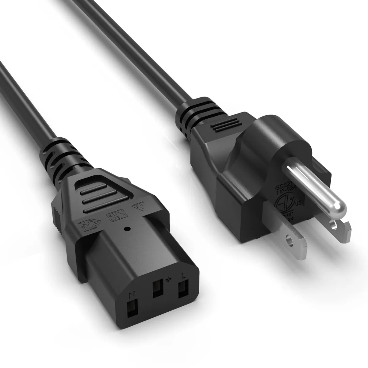 Short 1.2 ft black power cord with IEC C13 female to NEMA 5-15P male plugs
