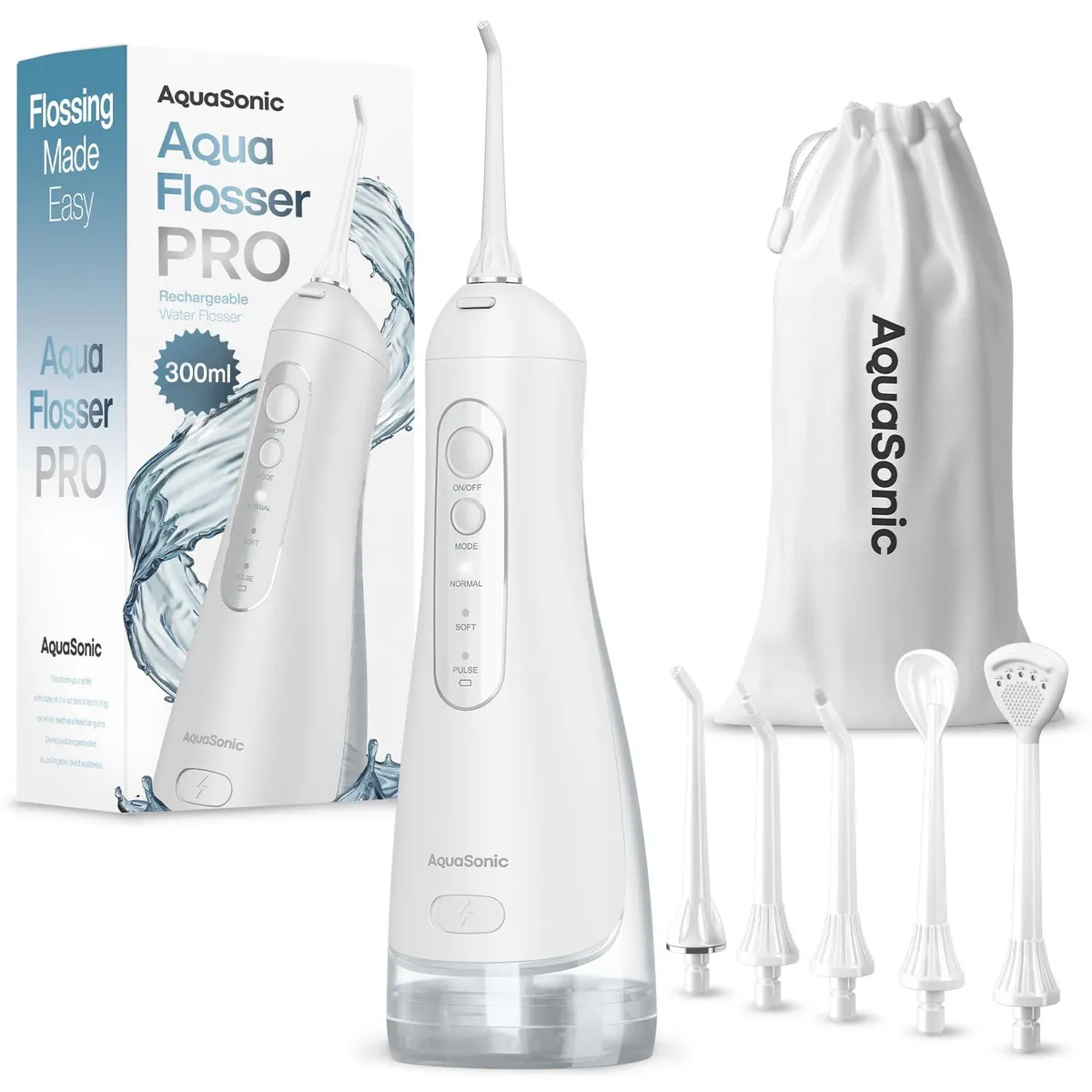 White cordless water flosser with 300ml tank and 360 rotating nozzle