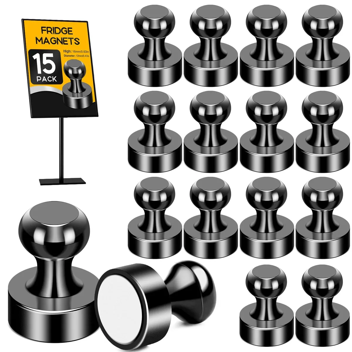 Set of 15 black magnetic push pins 1.2x1.2x1.6 cm