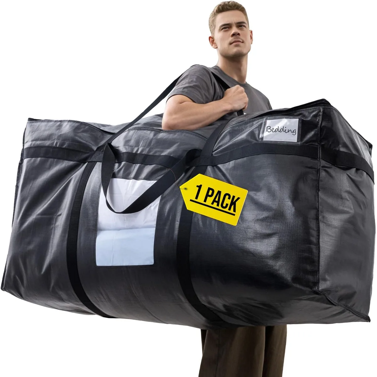 Black rectangular storage bag with clear window and wrap handles folded flat