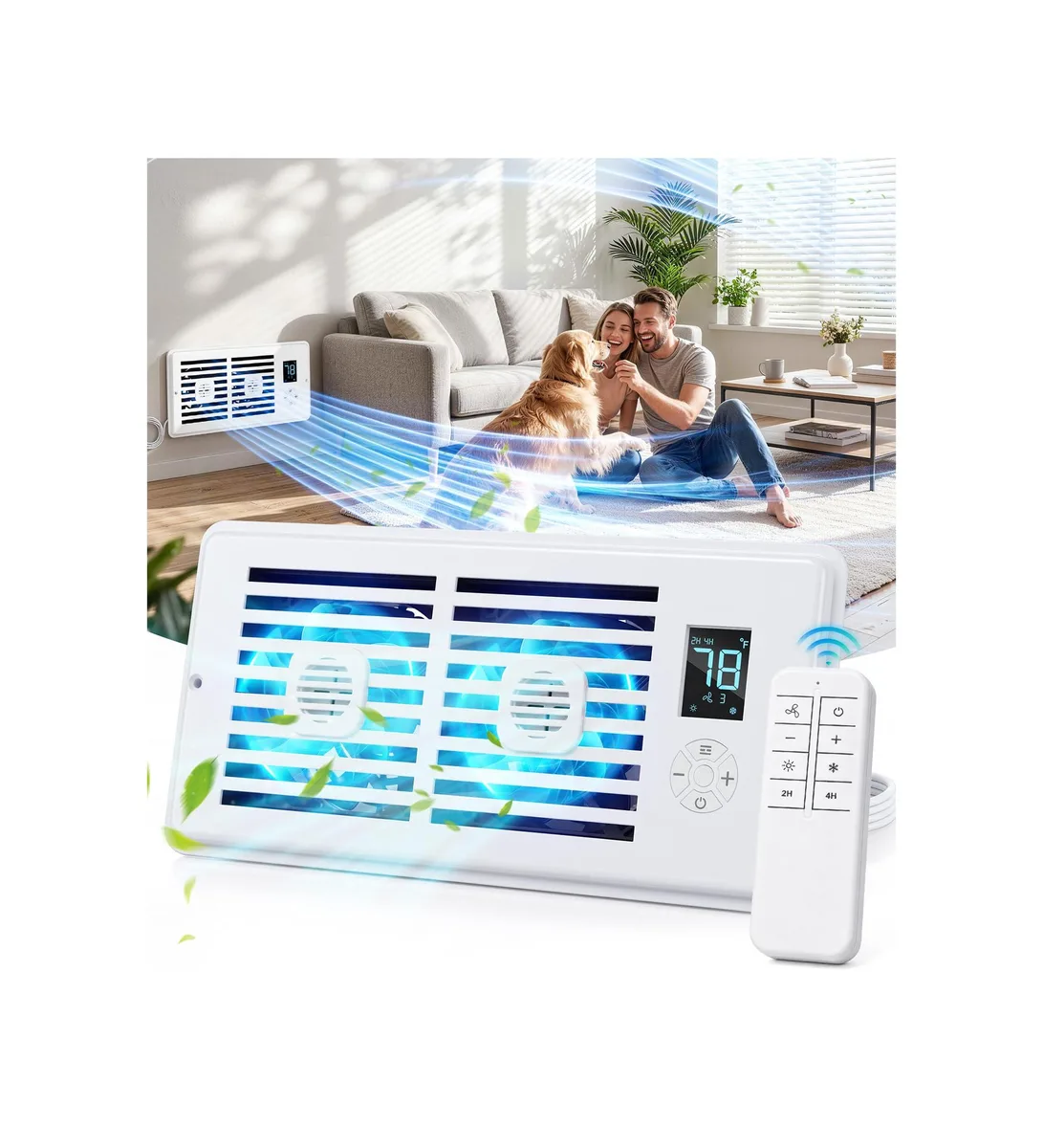 Rectangular white vent fan with front grille and remote control