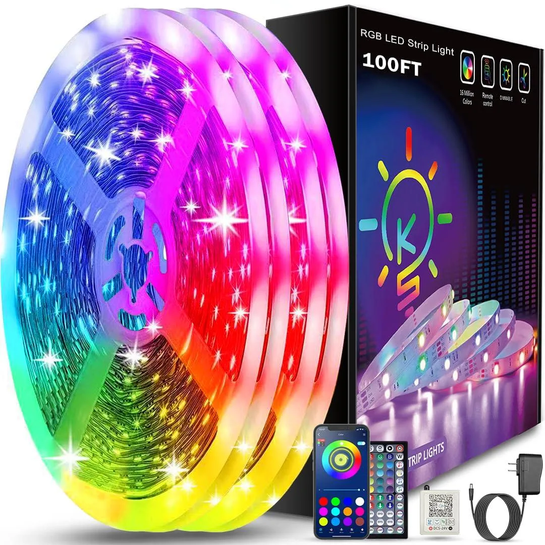 Two 50 ft reels of flexible RGB LED strip with blue wire and adhesive backing