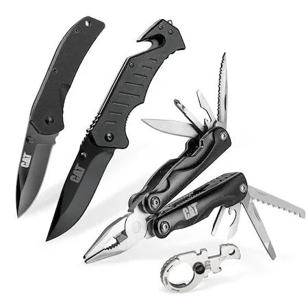 Four-piece CAT tool set with two folding knives, a multi-tool and a keychain tool