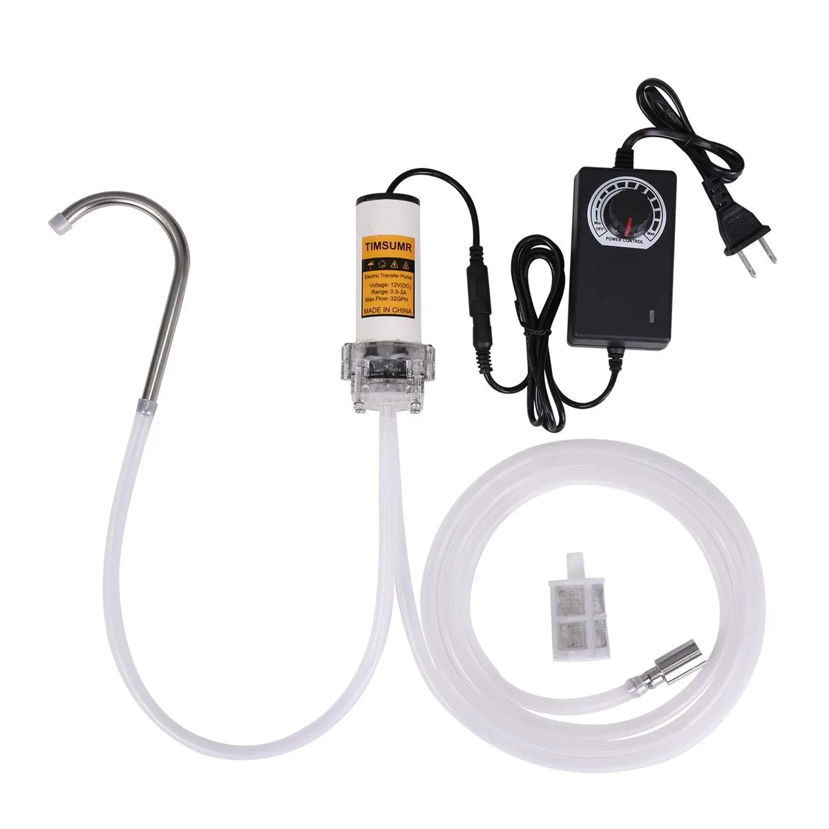 Compact electric water pump with adjustable speed controller, stainless steel hook and filters, two clear food-grade hoses