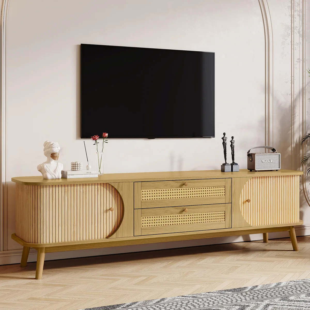 tuphen tuphen Rattan TV Stand 75-inch Natural Wood Solid Wood+MDF — product photo
