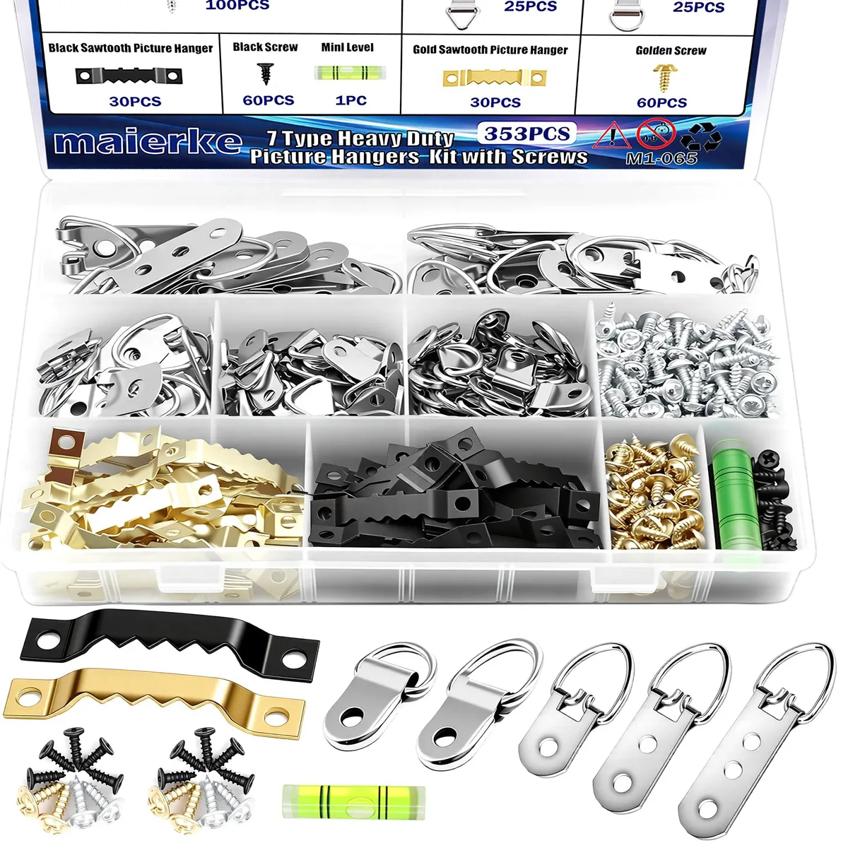 Plastic storage box filled with assorted metal picture hooks and screws