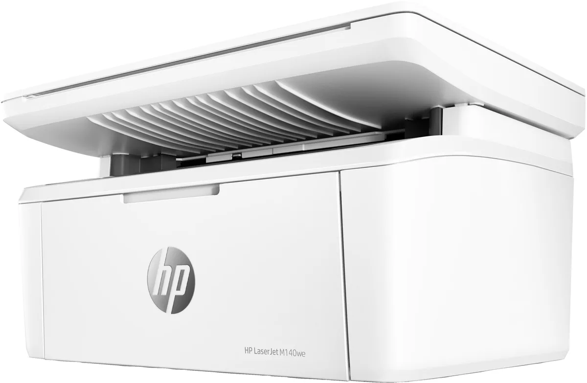 Compact white HP LaserJet MFP M140WE multifunction printer with flatbed scanner and control panel