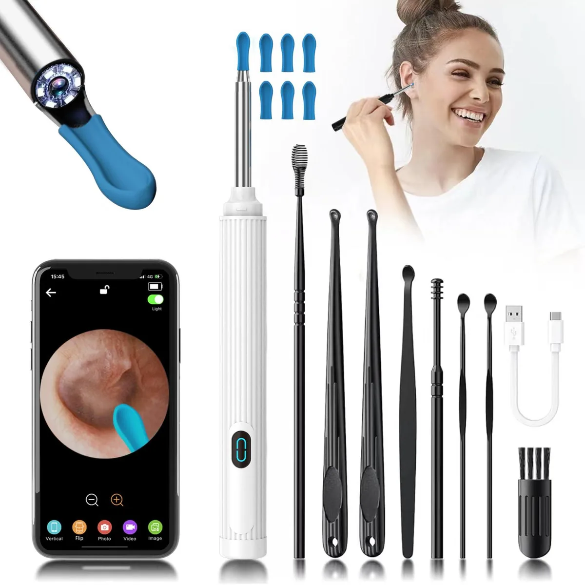 White ear-cleaning tool with camera lens and LED lights, shown with silicone tips