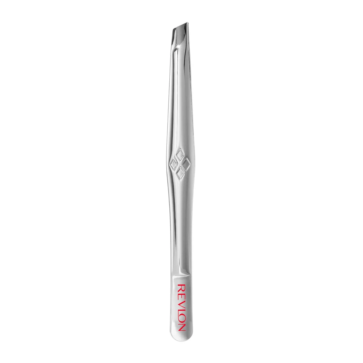 Silver slant-tip tweezer, 14 cm stainless steel, matte grip finish