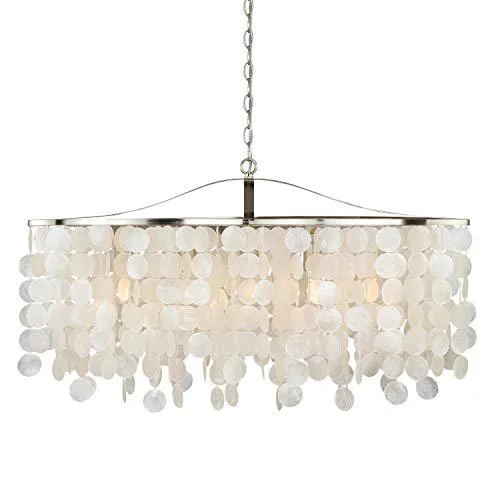 Nickel linear chandelier with five lights and capiz shell shades