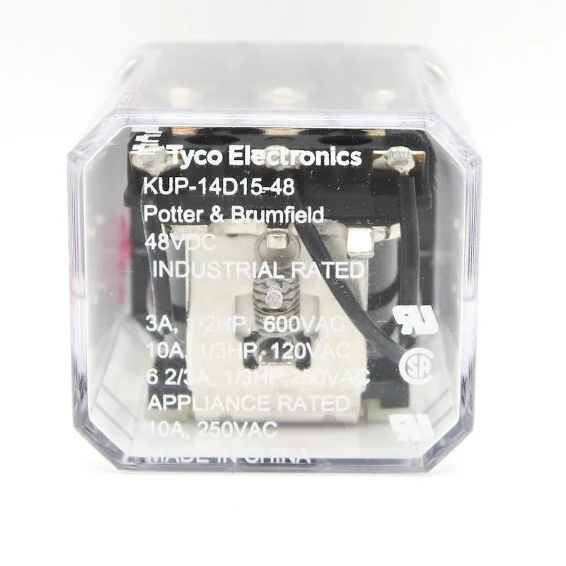 Rectangular clear plastic relay with 11 silver pins and silver-cadmium contacts