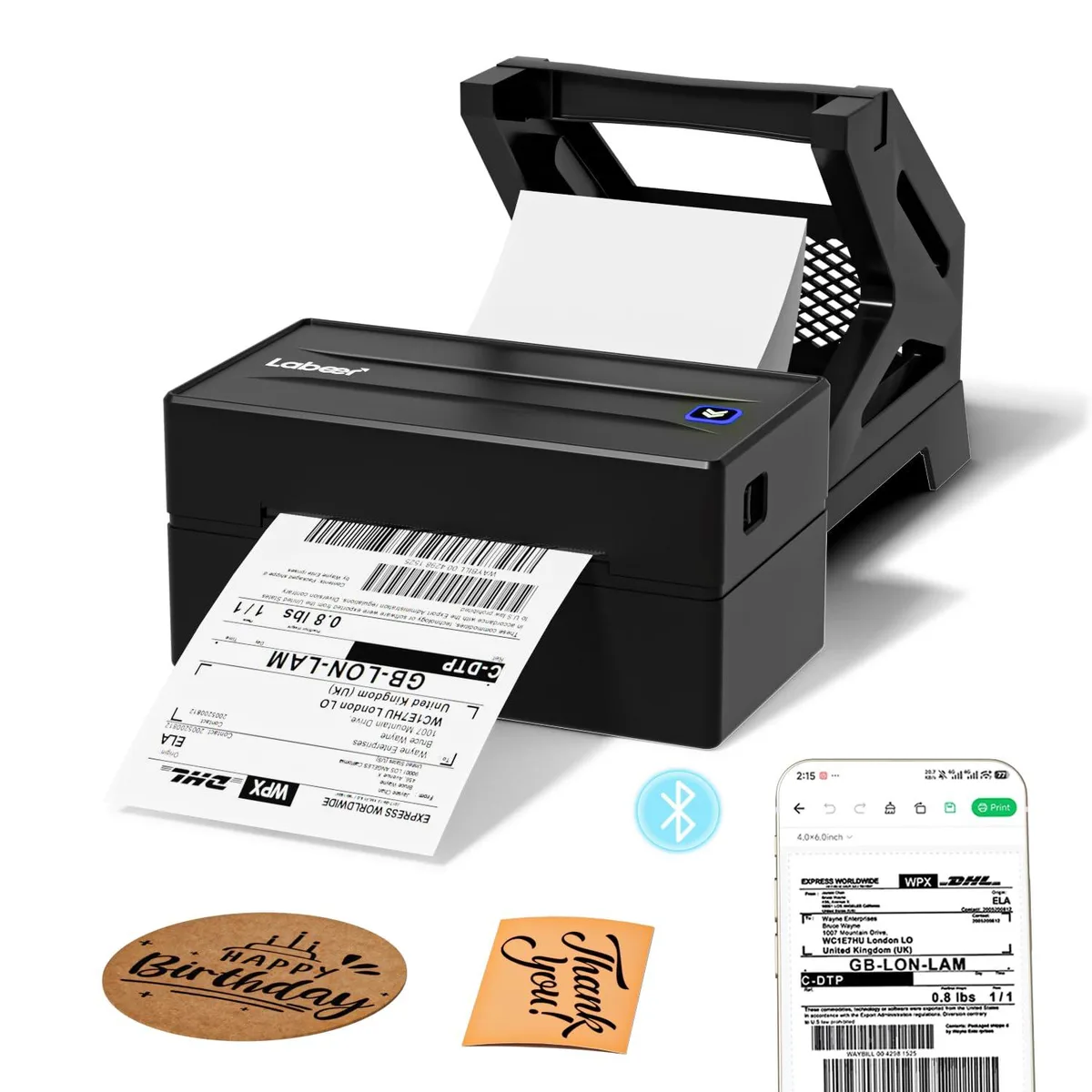Compact black desktop thermal label printer with label holder and USB cable