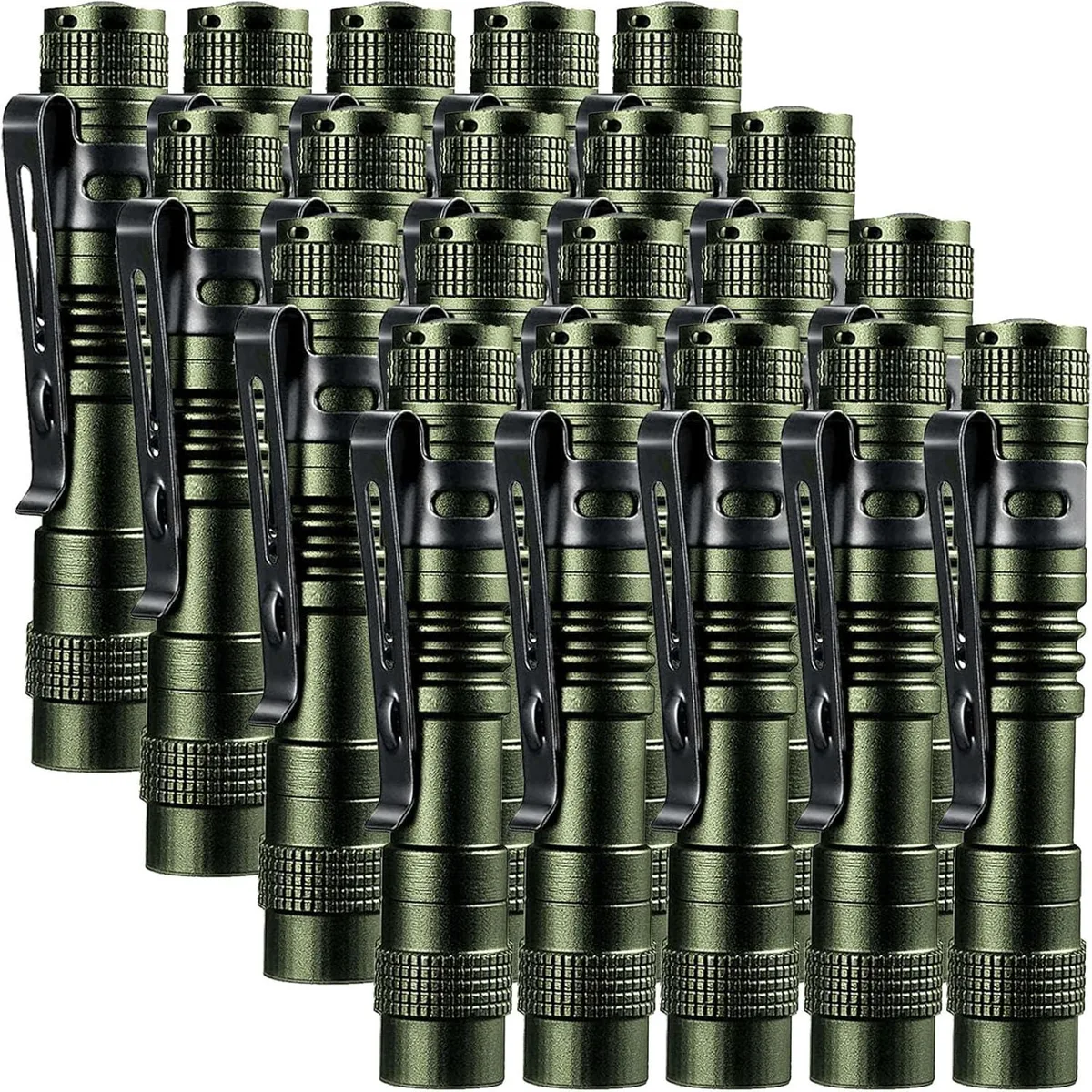 Twenty small green aluminium pen flashlights with pocket clips, each 5.2 inches long
