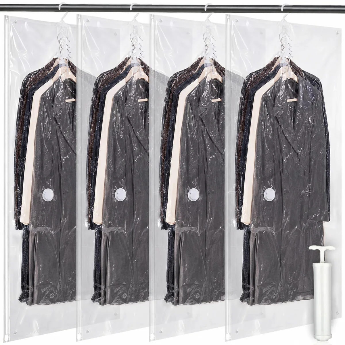 Five clear hanging vacuum bags with hand pump visible