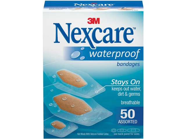White rectangular box with blue and green accents displaying Nexcare Waterproof Bandages 50 count