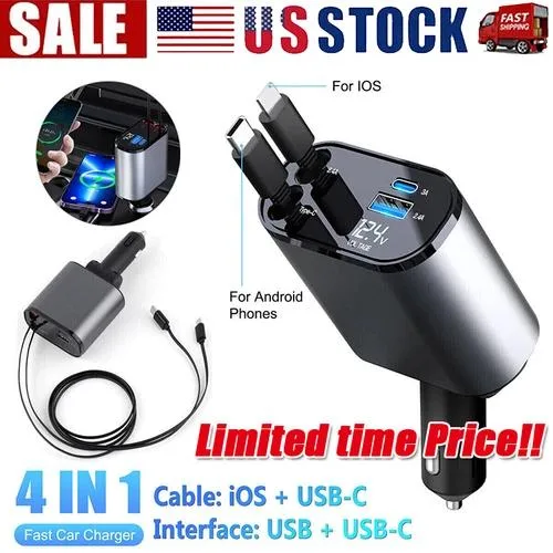  Unbranded 120W 4-in-1 Retractable Car Charger with 80cm Type-C &amp; Lightning Cables — product photo