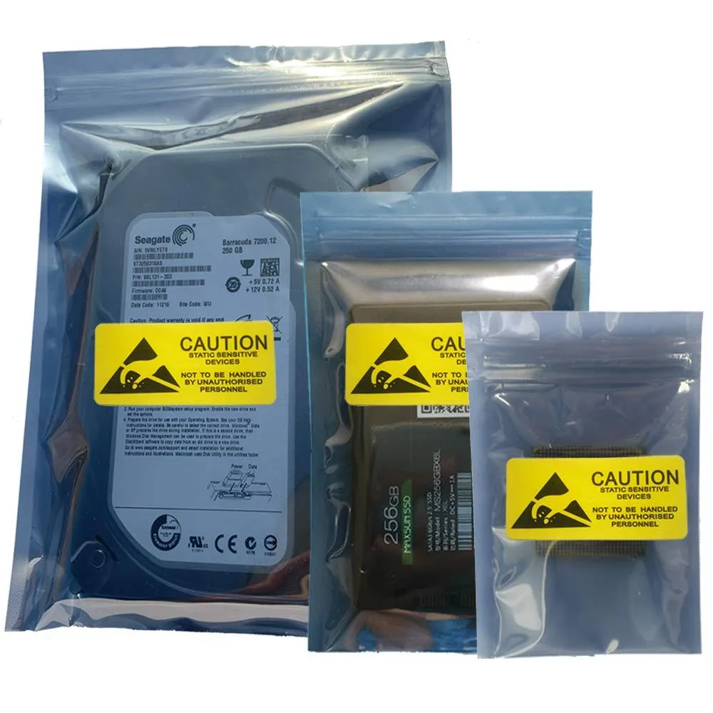 Thirty black antistatic bags in three sizes with sixty labels