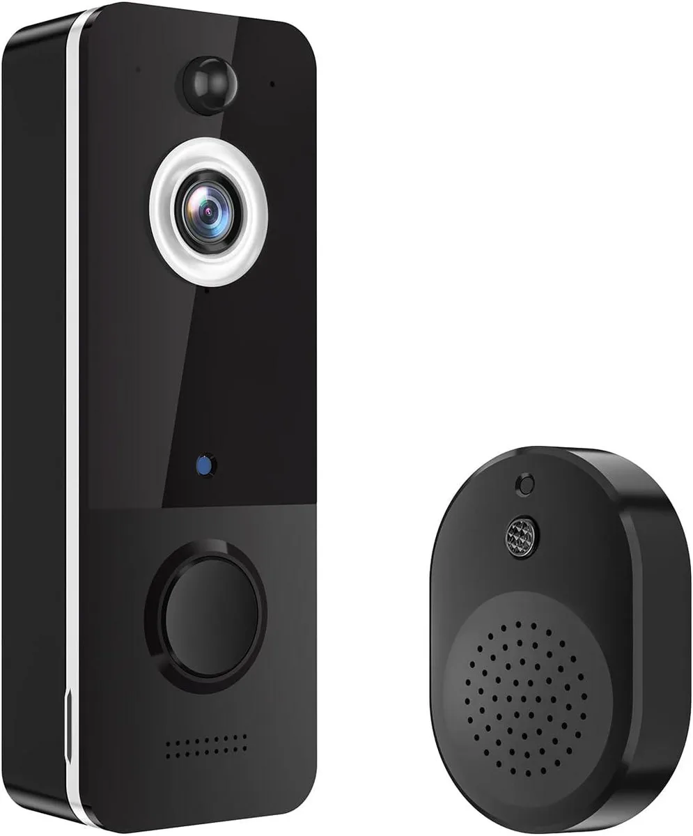 White rectangular wireless doorbell camera with black lens, indoor chime included