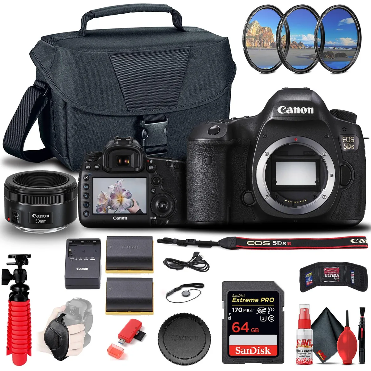 Canon International Canon International EOS 5DS DSLR Camera Kit 50.6MP EF 50mm 1.8 64GB 12in Tripod Bag — product photo