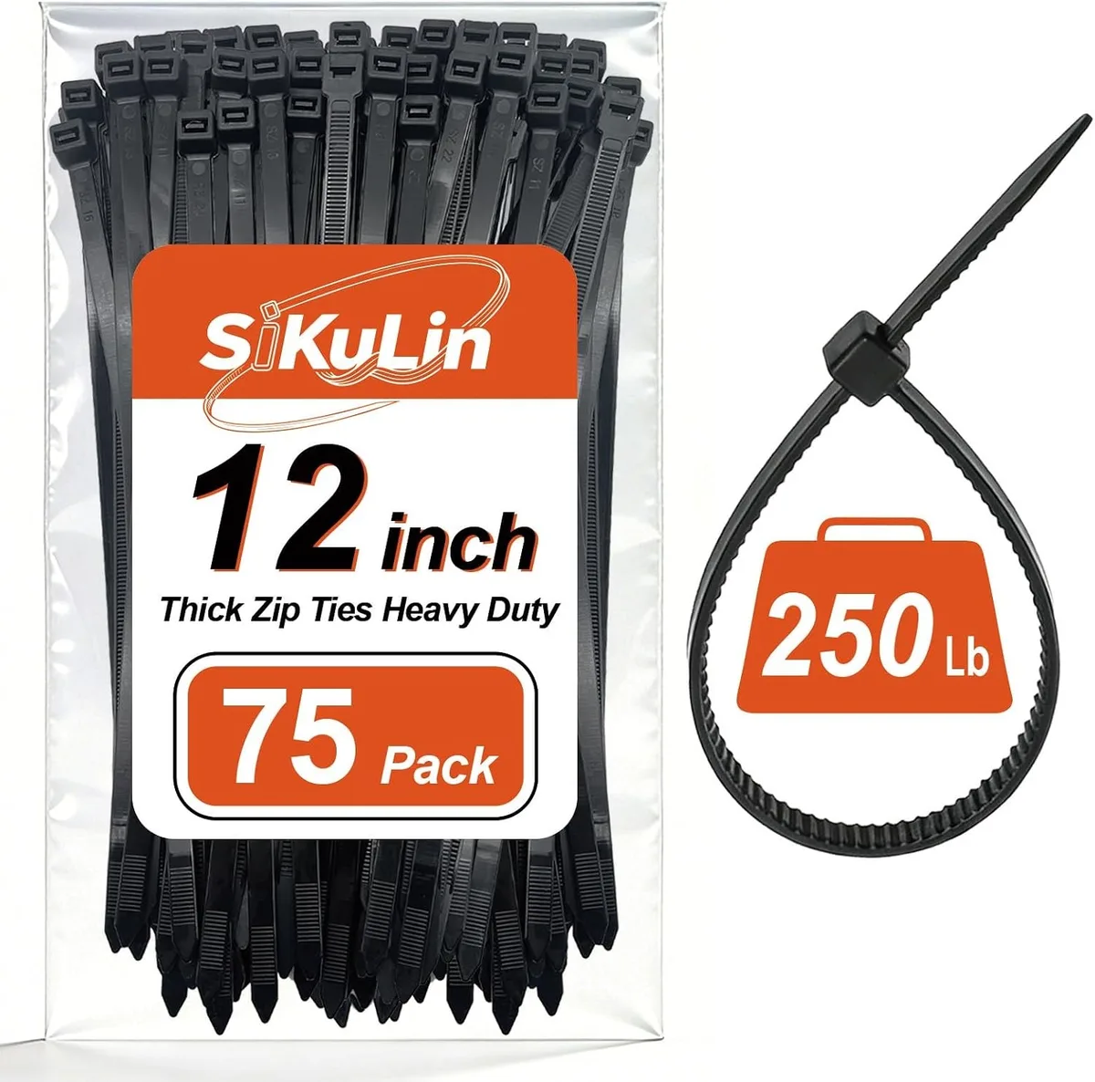 Ennovor Ennovor Heavy Duty Zip Ties 12 inch Black 250 lb .35 wide 75 Pack — product photo