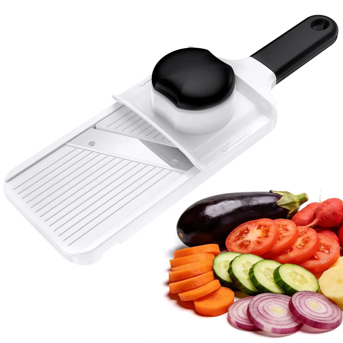 White handheld mandoline slicer with stainless steel blade and safety guard
