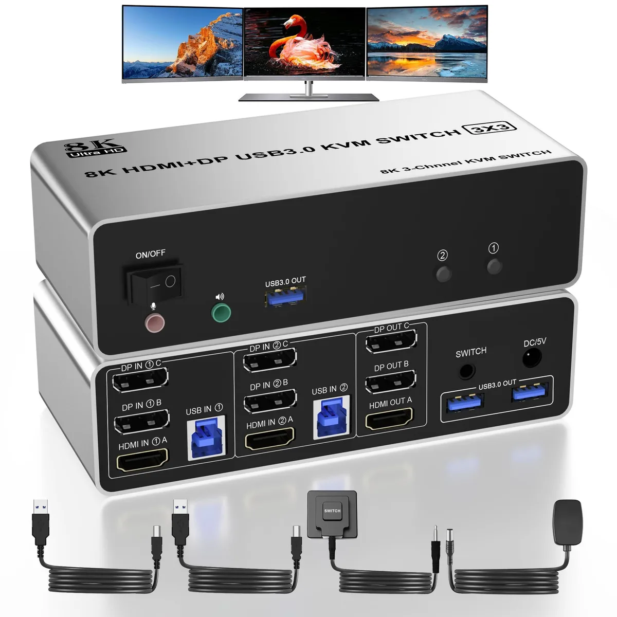 Compact black KVM switch box with front toggle and LED indicators, rear HDMI two DisplayPort three USB 3.0 audio mic ports