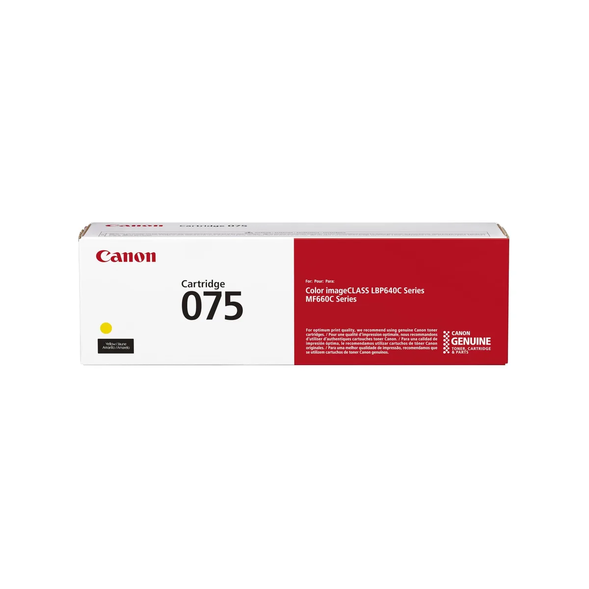 Canon 075 yellow toner cartridge in rectangular plastic housing