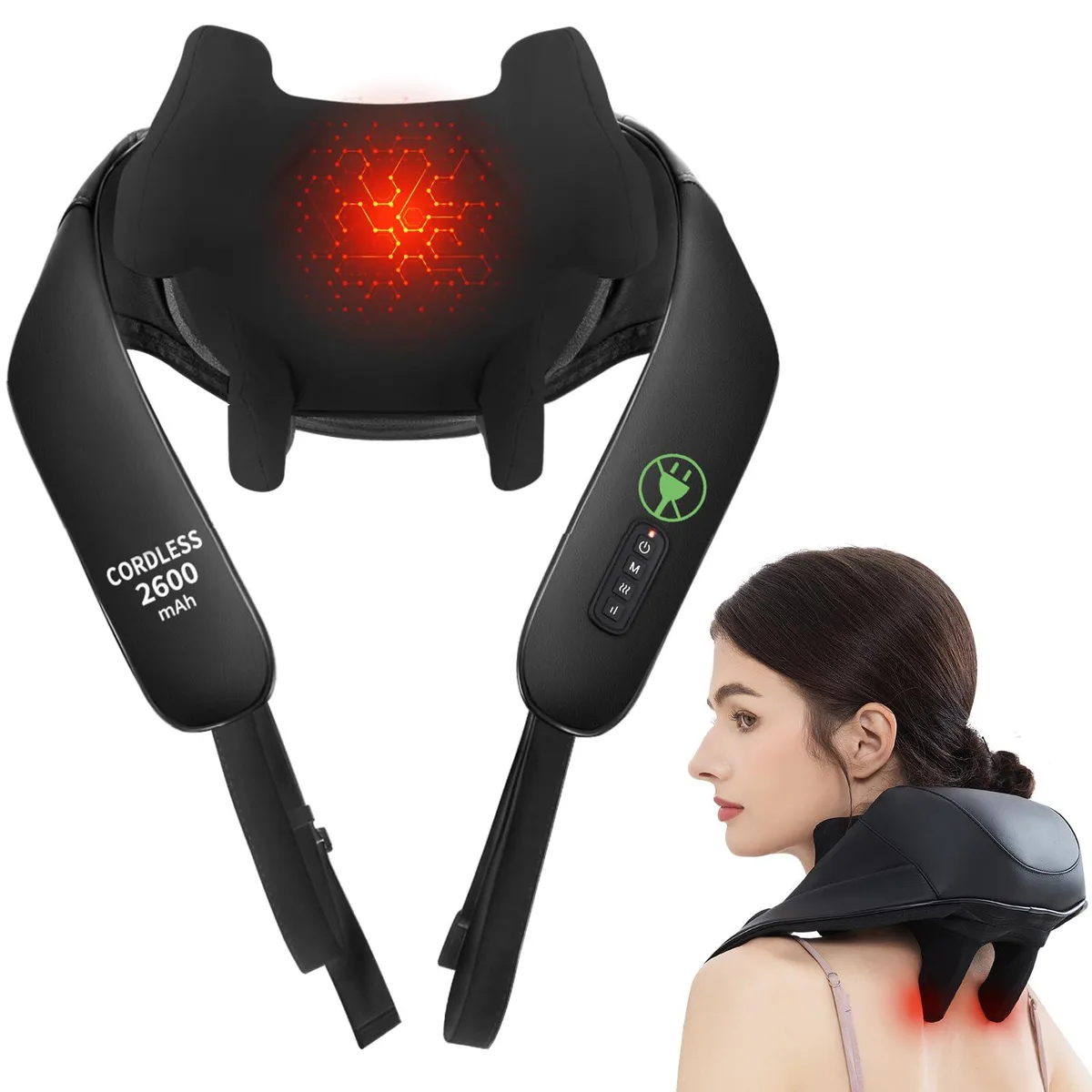 Black U-shaped cordless neck massager, faux leather finish, rechargeable battery