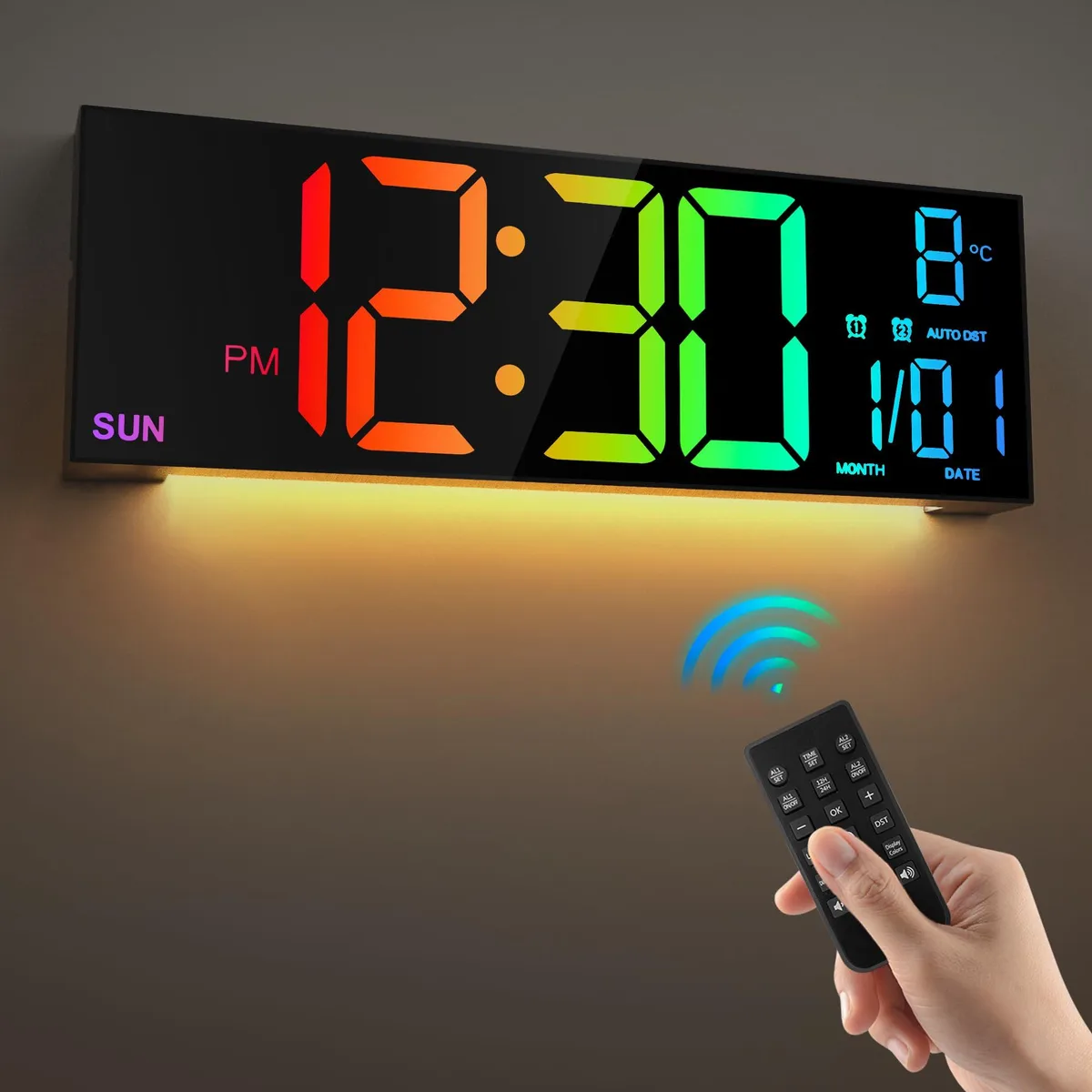 Black rectangular digital wall clock with large colour LED display and remote control