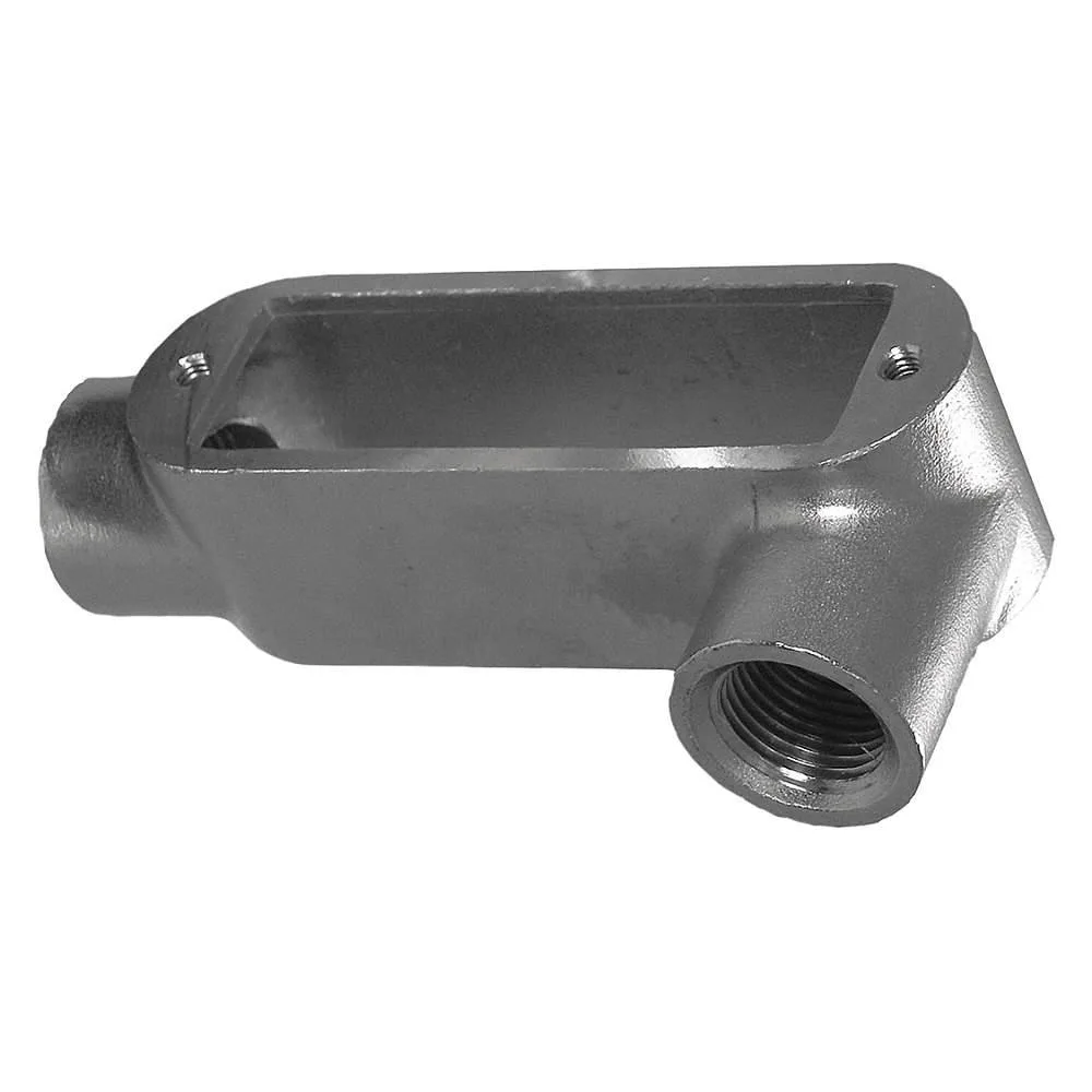 Polished stainless steel LL conduit outlet body with cover, 1/2 inch hubs, 90 degree turn