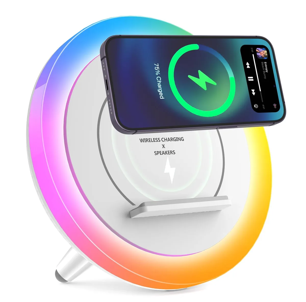 Compact white Bluetooth speaker with LED night light and wireless charging pad