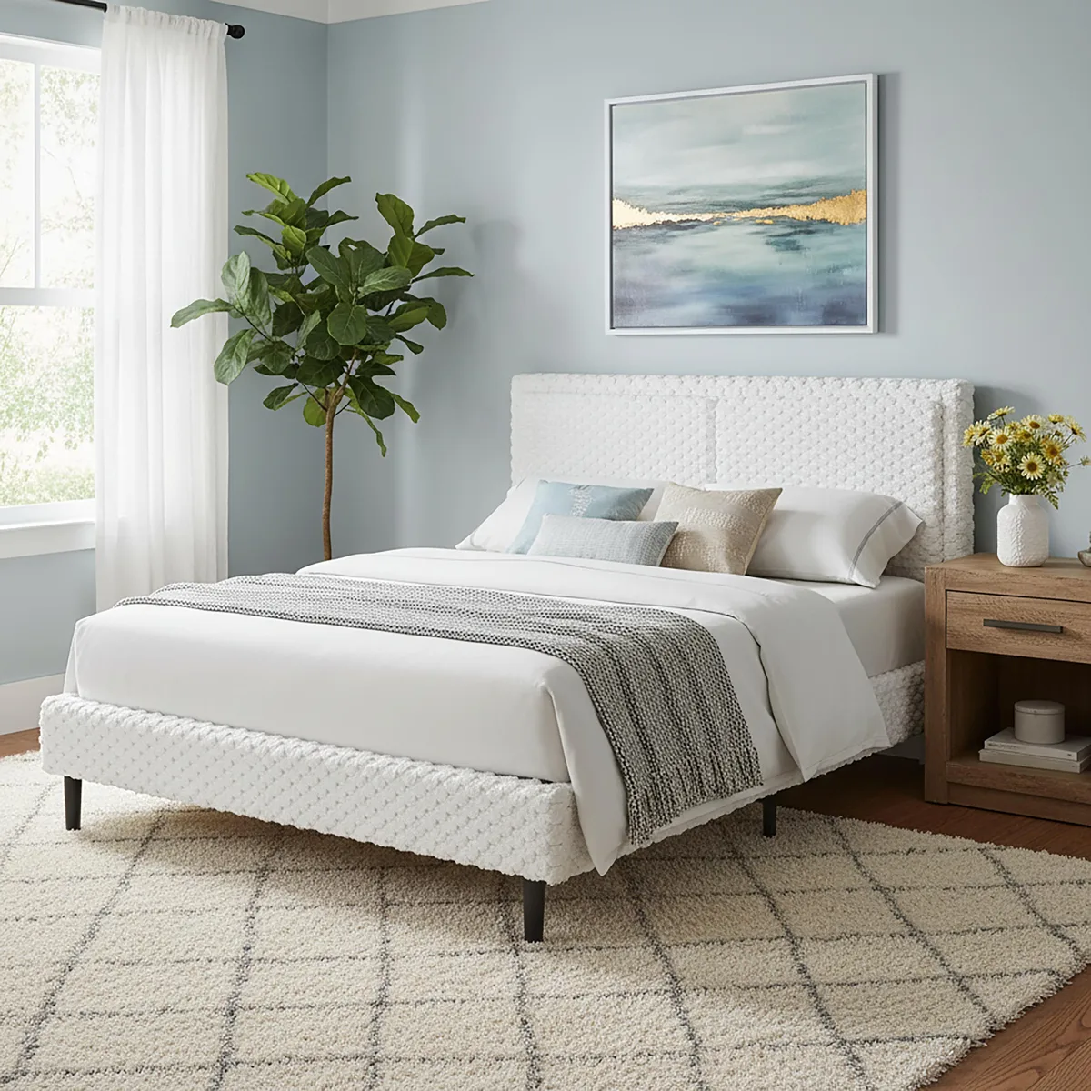 White plush fabric queen bed with padded headboard, wooden frame, rounded edges