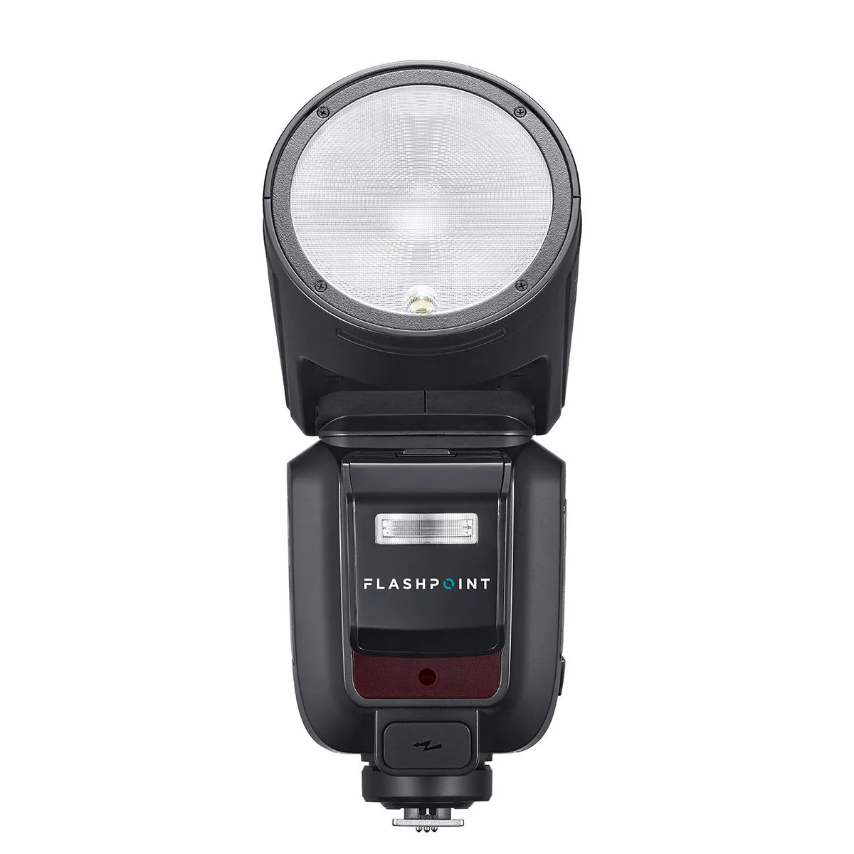 Round-head on-camera flash for FujiFilm, matte dark finish, touch screen on back