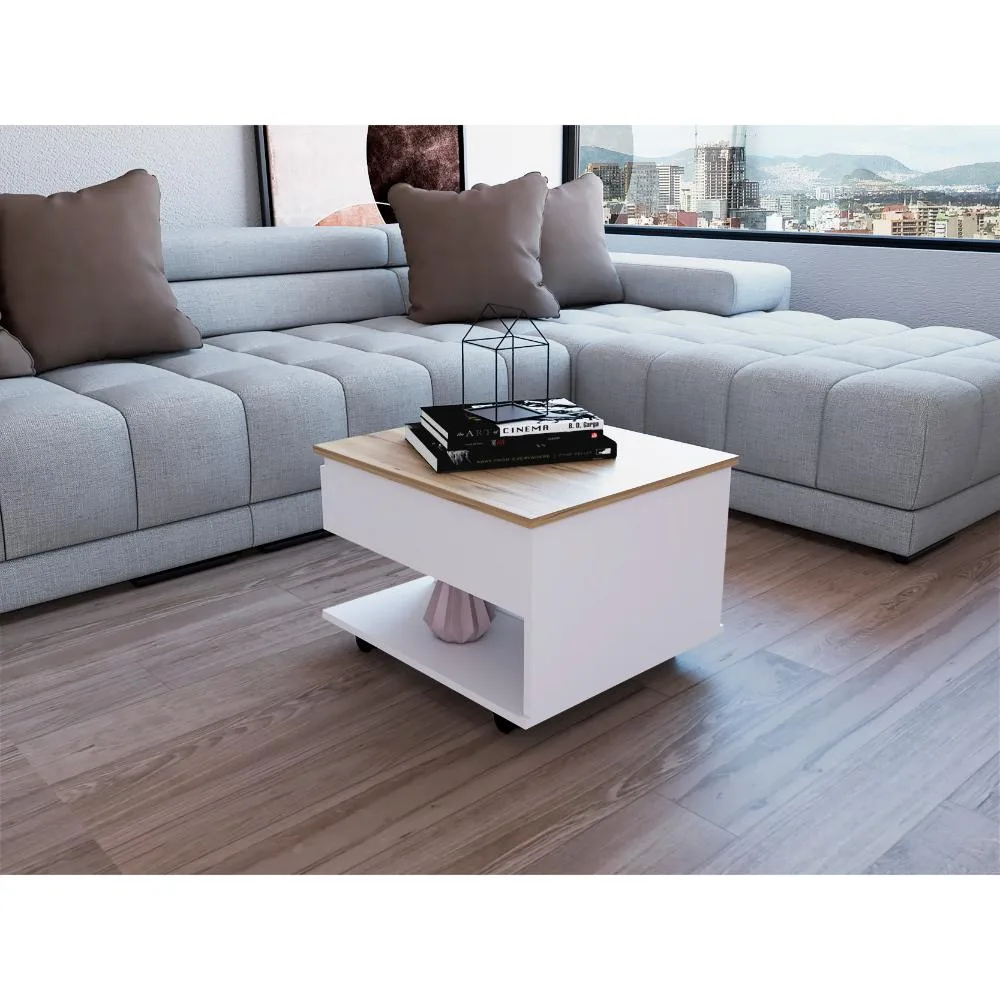 White and light oak rectangular lift-top coffee table on four locking casters with open lower shelf