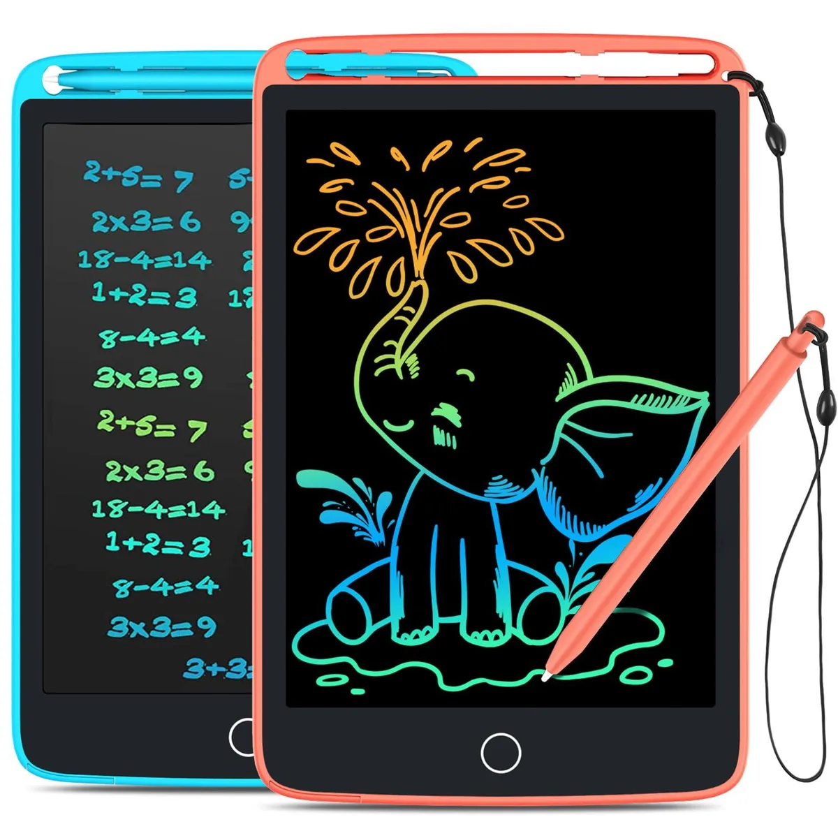 Two slim 8.5-inch LCD writing tablets in blue and pink with magnet backs