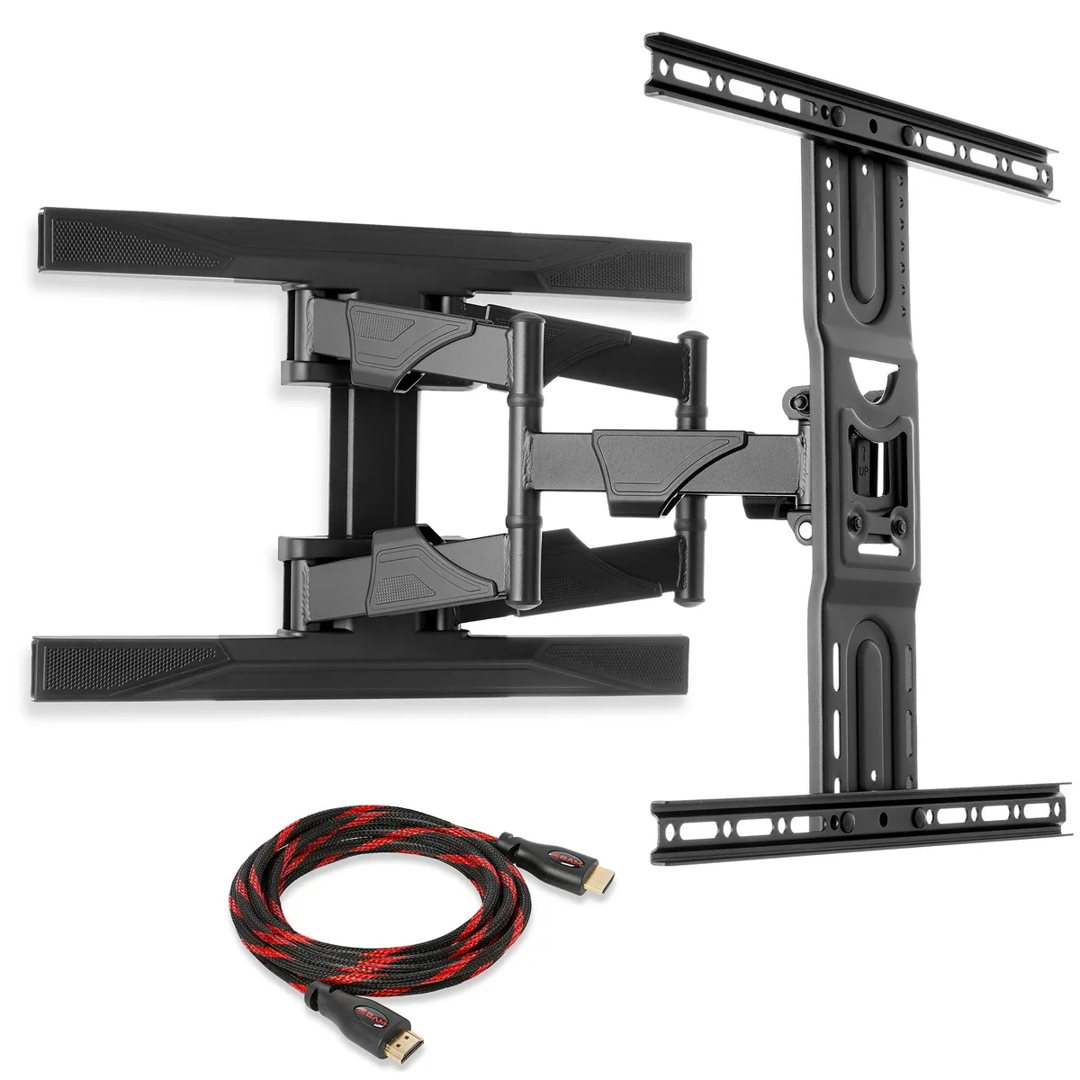 Black articulating steel TV wall mount with extended arms and visible cable channels