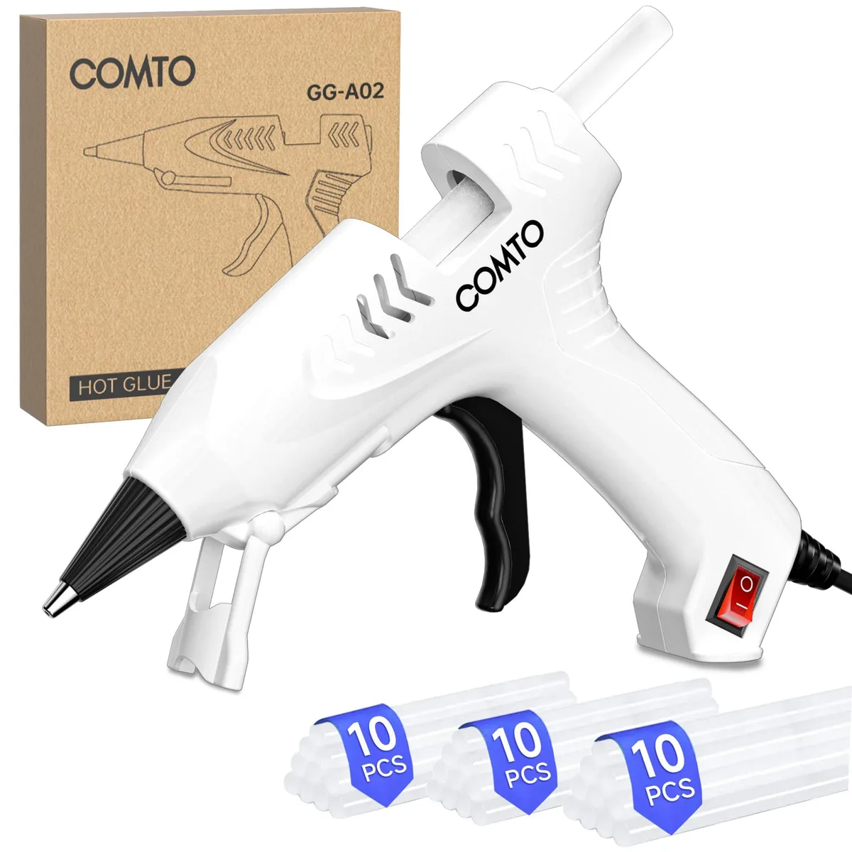 White mini hot glue gun with foldable stand and 30 clear sticks