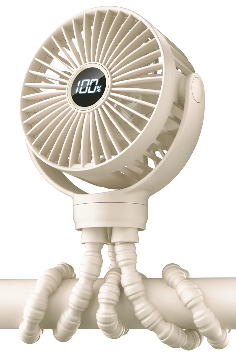 Silver clip-on stroller fan with five blades and LCD display