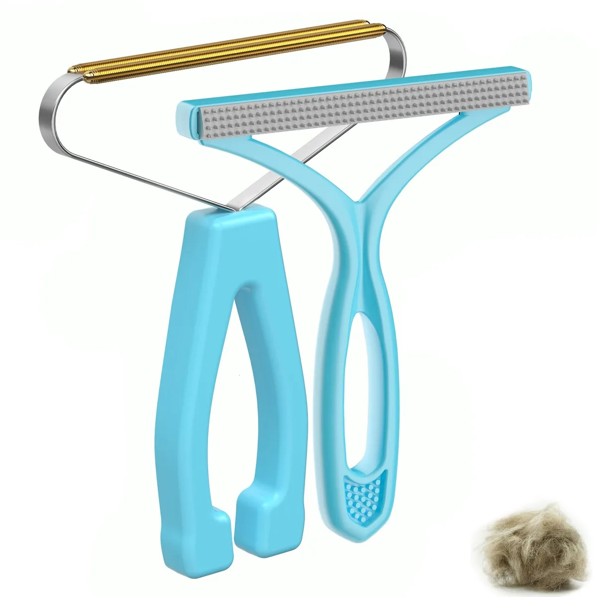Two blue plastic hand tools, one with copper teeth, one with plastic bristles